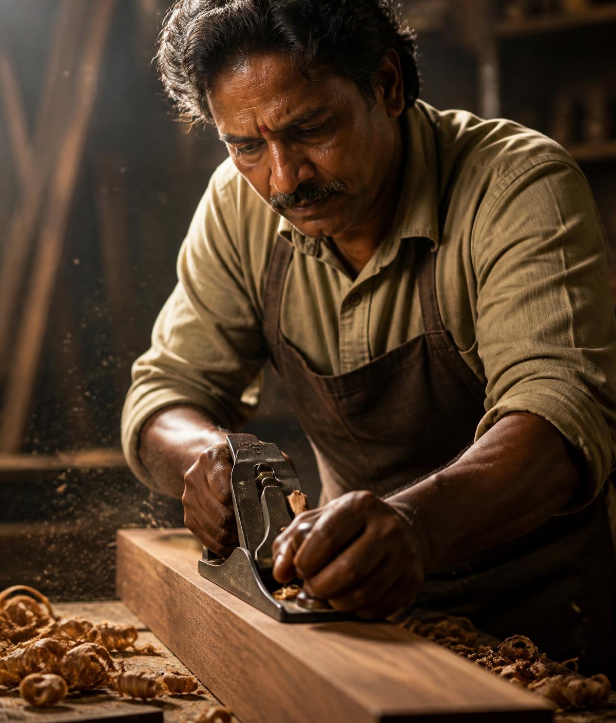 Experienced carpenter hand-planing teak wood in the Prestige Furnitures workshop