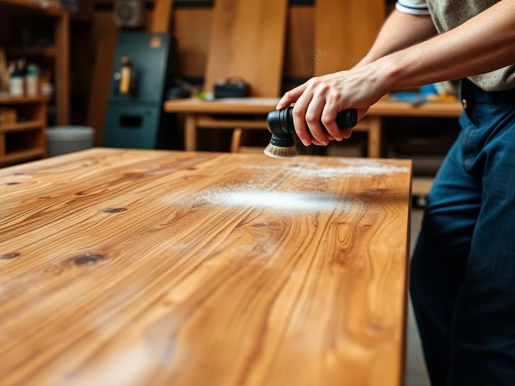 Carpenter applying PU polish to a wooden dining table