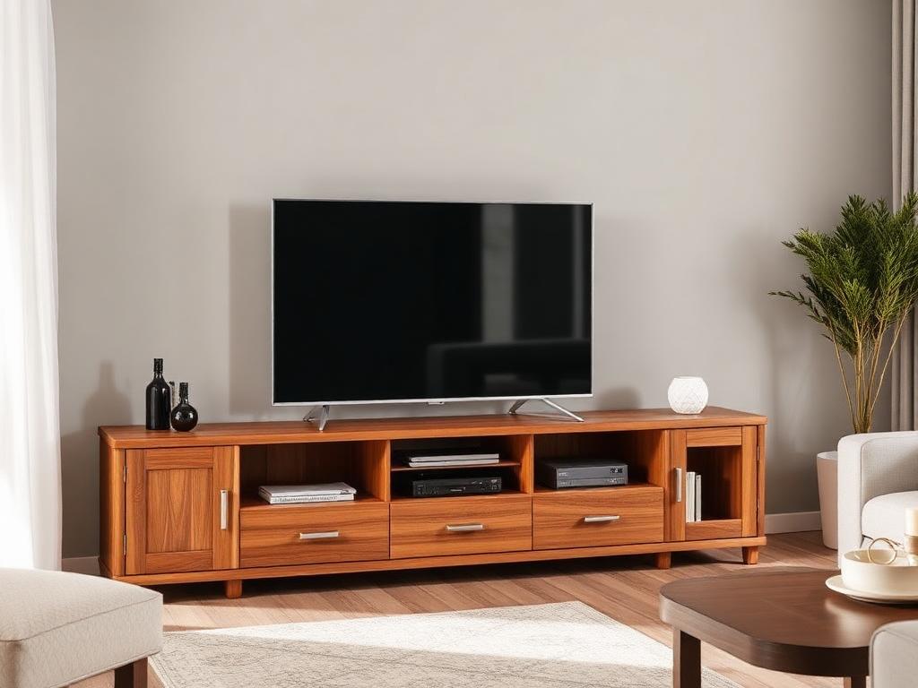 Handcrafted wooden TV unit with storage drawers