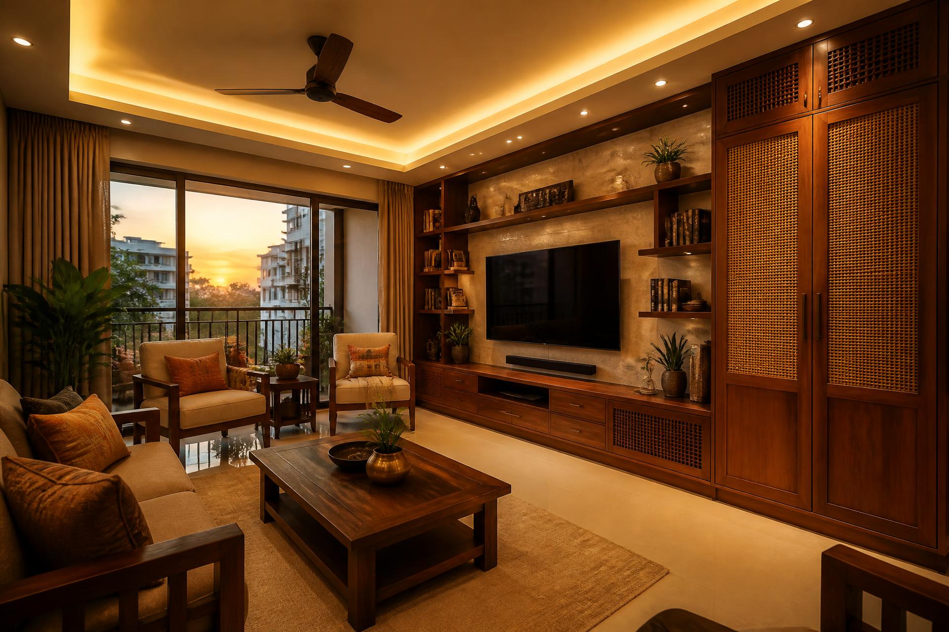 Premium Bengaluru living room with handcrafted wooden furniture by Prestige Furnitures